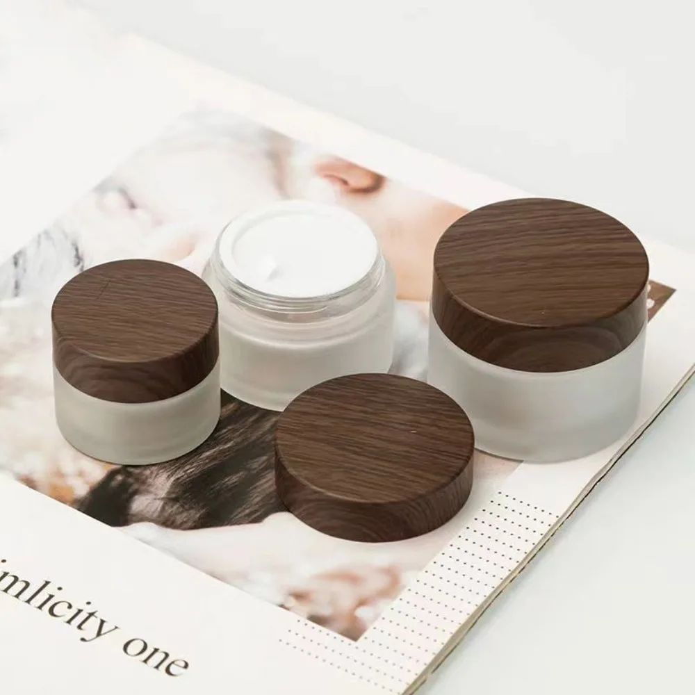 Frosted Glass Cream Jar Dark Wood Grain Lid Screw Cap Cosmetic Sample Dispenser 5/10/15/20/30/50/100g Empty Container for Travel