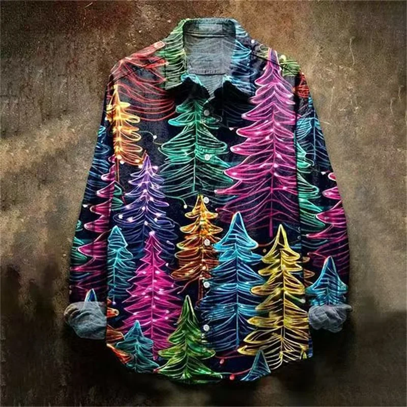 Nieuw herenoverhemd met kerstboomprint, casual en stijlvolle button-down kraag, lange mouwen, 3D-print, comfortabele top.