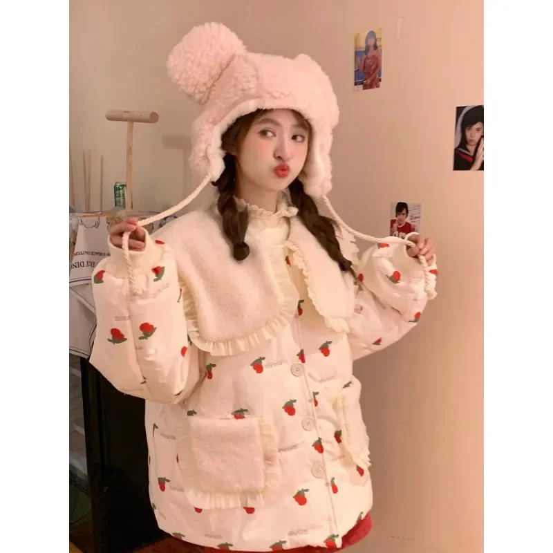 

Feminine Cotton Coat with Doll Collar Velvet and Thickened Cotton Coat Fashionable and Age-reducing Stitching and Embroidery
