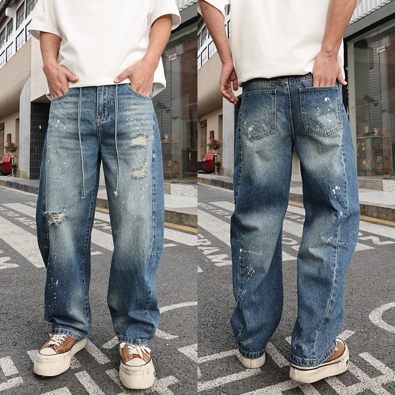 

Летние модные американские ретро-брюки из высококачественного денима свободного прямого кроя для мужчин