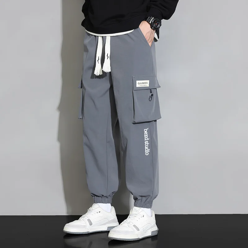 Men's High Waist Pockets Shirring Drawstring Solid Elastic Letter Casual Loose Cargo Trousers Spring Autumn Clothing Pants