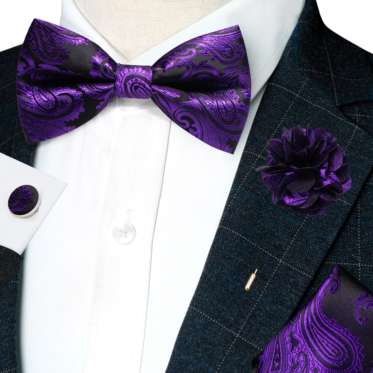 Klassische Herren-Fliege, brauner Jacquard, Paisley-Fliege, Einstecktuch, Manschettenknöpfe, Broschen-Set, Hochzeit, Party, Schmetterlingsknoten, Geschenk, Herren-Accessoires