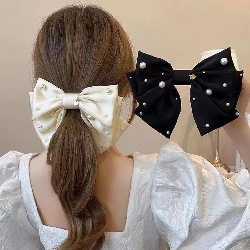 

1 Pcs Ladies' Hair Clip Korean Satin Pearl Bow Elegant Sweet Kawaii JK Lolita Barrette High-quality Versatile Hair Accessories