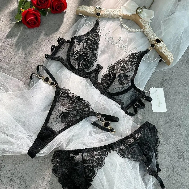 Luxury Lace Lingerie Set Floral Embroidery Jewel Strap Bra Garter Panty Set Wom… - Image 6