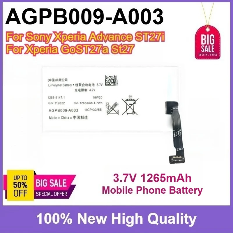 

High Quality New AGPB009-A003 3.7V 1265mAh Mobile Phone Battery For Sony Xperia Advance ST27i For Xperia GoST27a St27