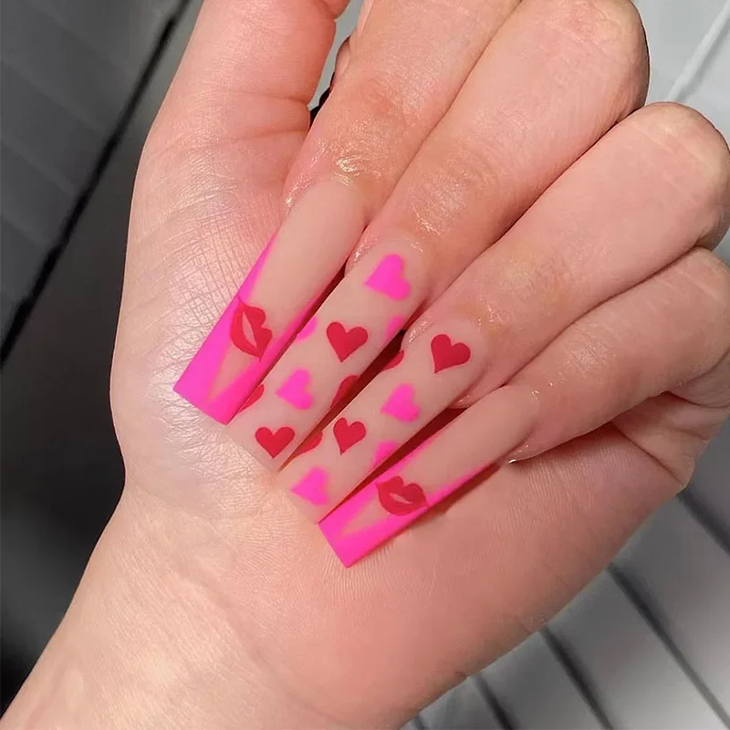 Parel Love Heart Wijn Rode Gradiënt Valentijnsdag Extra Lang Ballet Nep Nail Art Valse Nail Charme Pers Op Nagels Manicure Tool