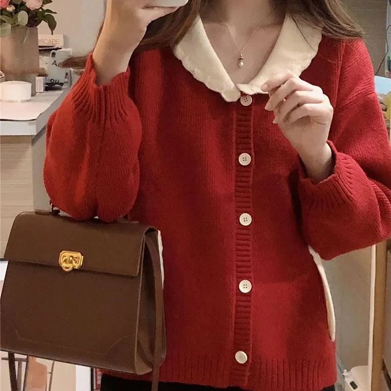 Herbst Winter Vintage rote Pullover lose V-Ausschnitt Damen bekleidung Taschen gespleißt sanfte koreanische einreihige Strickjacke