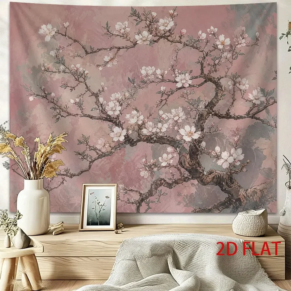 Pink Flower Tapestry, Old Style White Blossom Tree Branch Soft Pink Background Elegant Floral Art Wall Tapestry Room Wall Decor