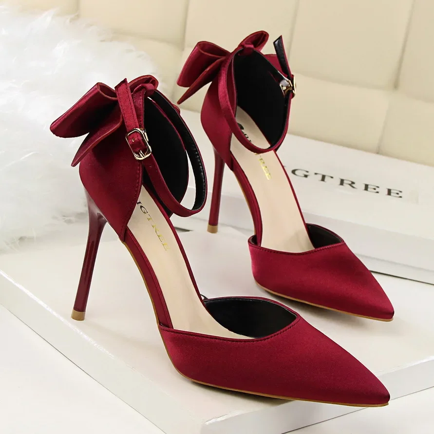 Sweet Beauty Shoes, Thin Heels, High Shallow Mouth, Pointy Head Pumps Hollow Back Bow With Sandals Women Shoes