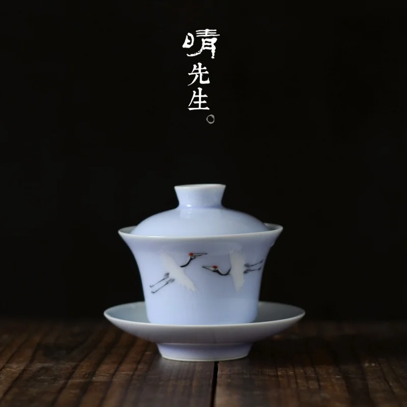 

Hand Painted Crane Tureen Ceramic Teaware Tea Cup Tea Brewing Bowl White Porcelain Egg-Shell Porcelain Gaiwan Kombucha Tea Makin