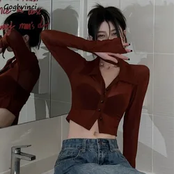 Sexy Shirts for Women All-match Minimalist Summer Single Breasted Long Sleeve Short High Street Skinny Fashion Korean Style Ins