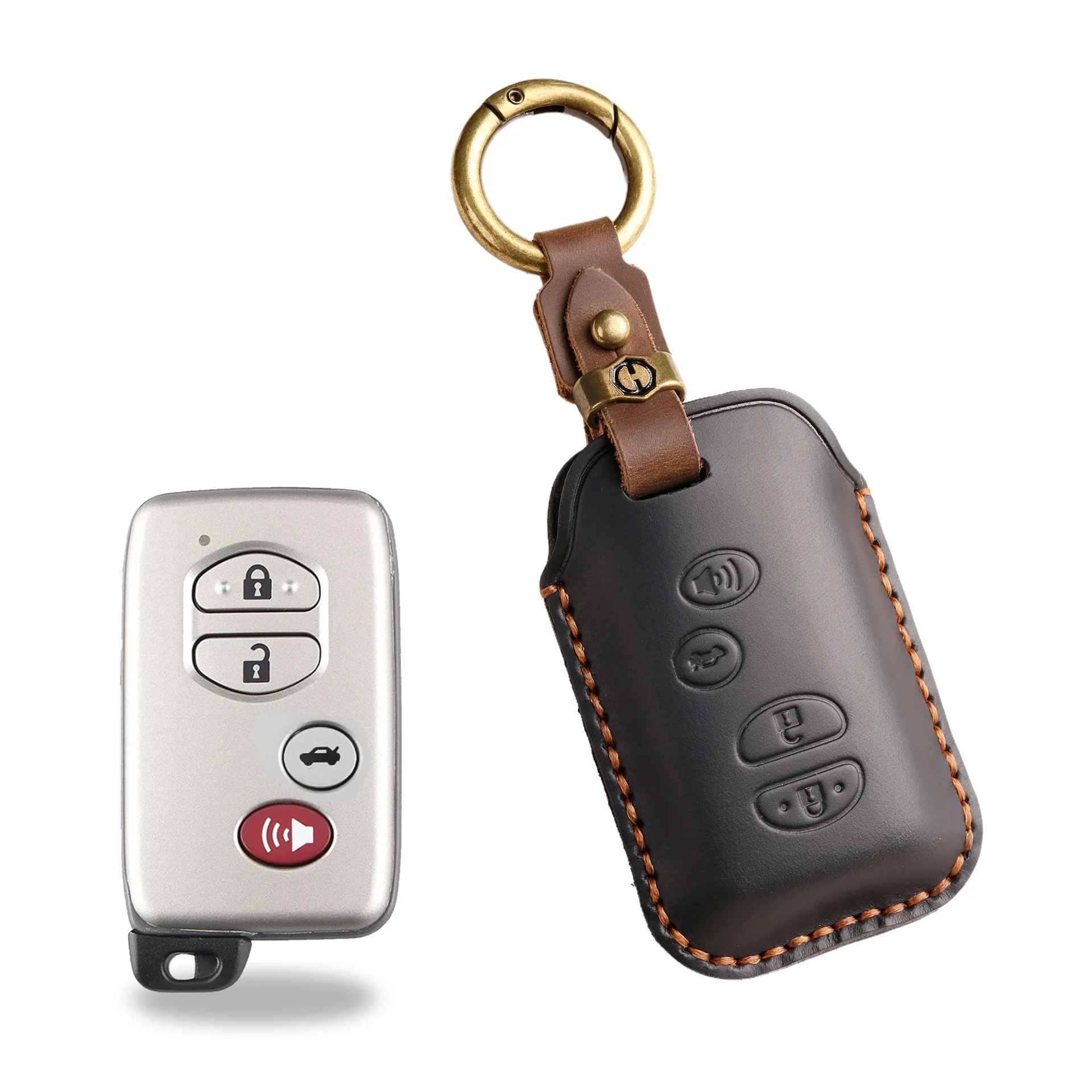 Für Toyota Schlüsselhülle, Vintage Handgefertigtes Echtleder-Etui Kompatibel mit Land Cruiser Prado Älteren Modellen, Braun mit Messingring