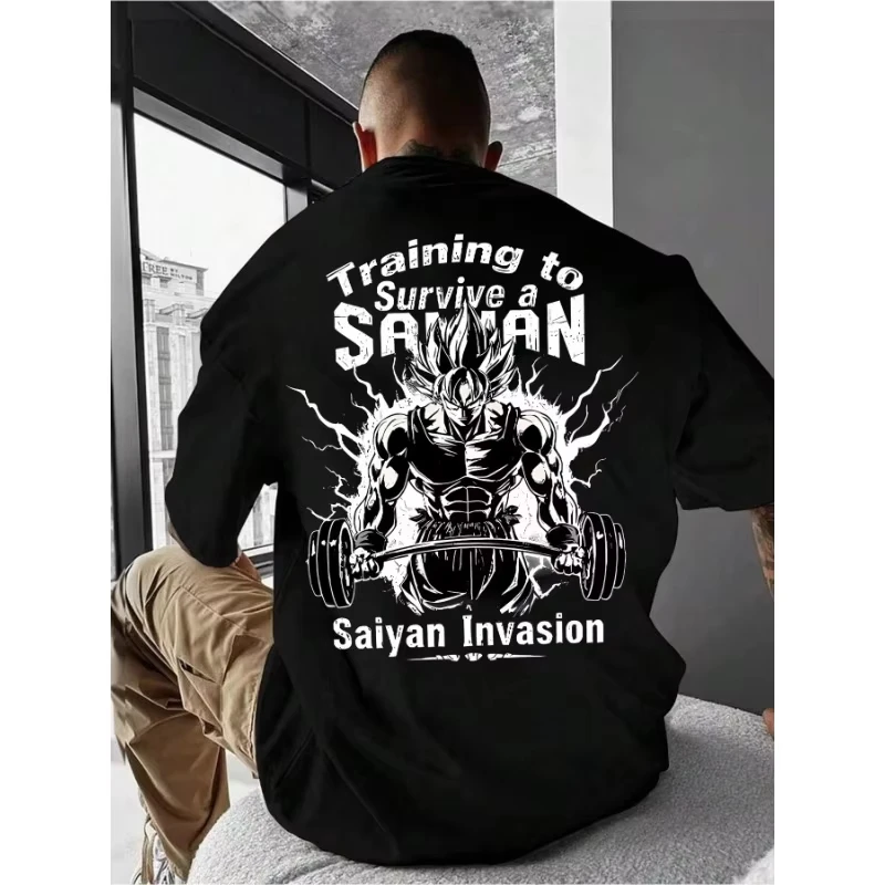 

Dragon Ball Training T-Shirt Saiyan Workout Graphic Tee Muscle Power Lightning Survival Motto Print White Cotton Streetwear