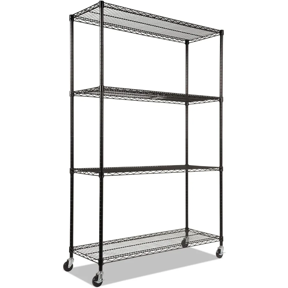 Four-Shelf Wire Shelving Unit with Casters, 48 x 18 x 72, Black, Heavy-Duty Storage Solution