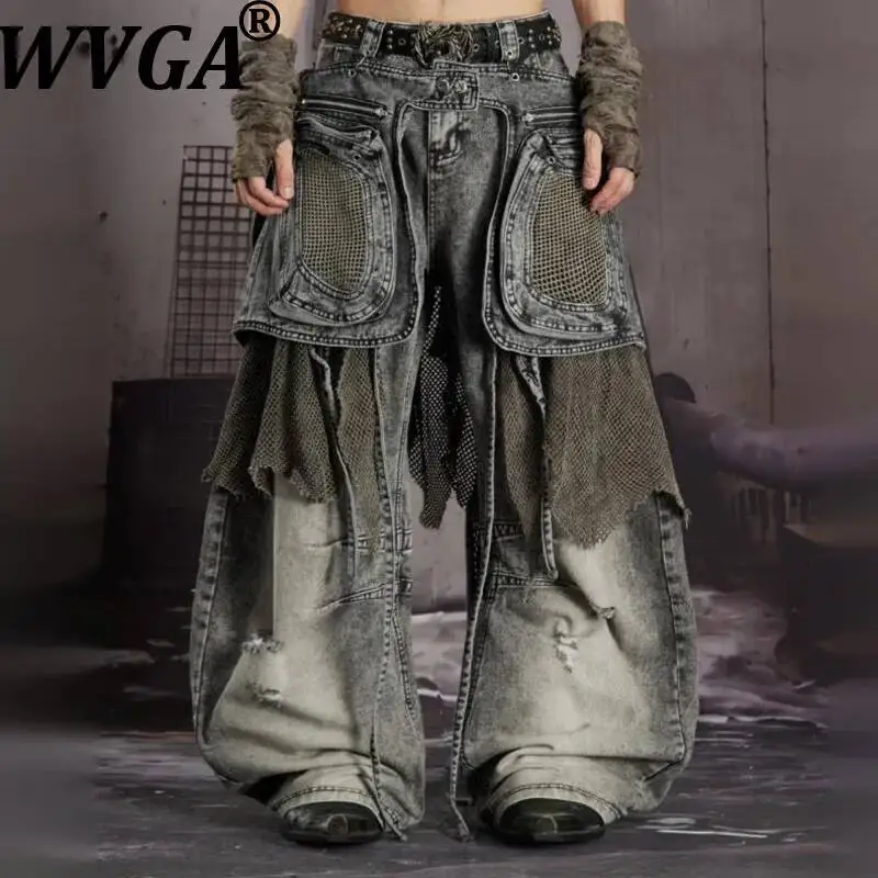 

WVGA Spring Autumn New Men's Waist Bag Detachable Two-Piece Sets Washed Distressed Jeans Niche Casual Streetwear Trousers W25026