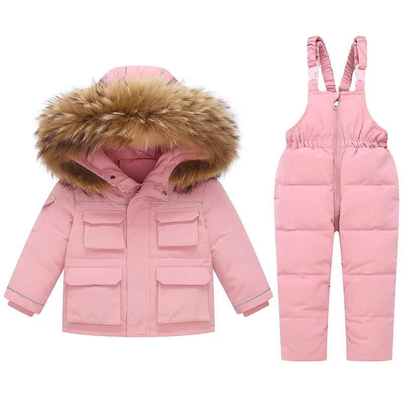 Russian Winter Children Girl Overalls Clothes Set Real Raccoon Fur Down Jacket For Girl Waterproof Baby Boy Snowsuit Ski Suit