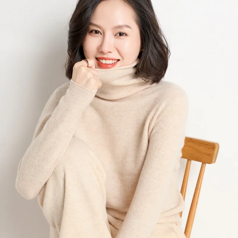 

New% Wool Sweater Pile Collar Women'S Rolled Knitted Sweater Versatile Solid Color Warm Sweater High Neck Base Shi