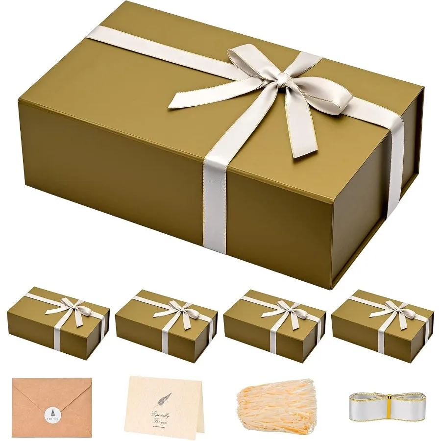 

Magnetic Gift Boxes 5 Pack 13.85 x 8.35 x 4.45 Inch Rectangle Collapsible Boxes with Lids and Ribbon Shredded Paper Filler Gift