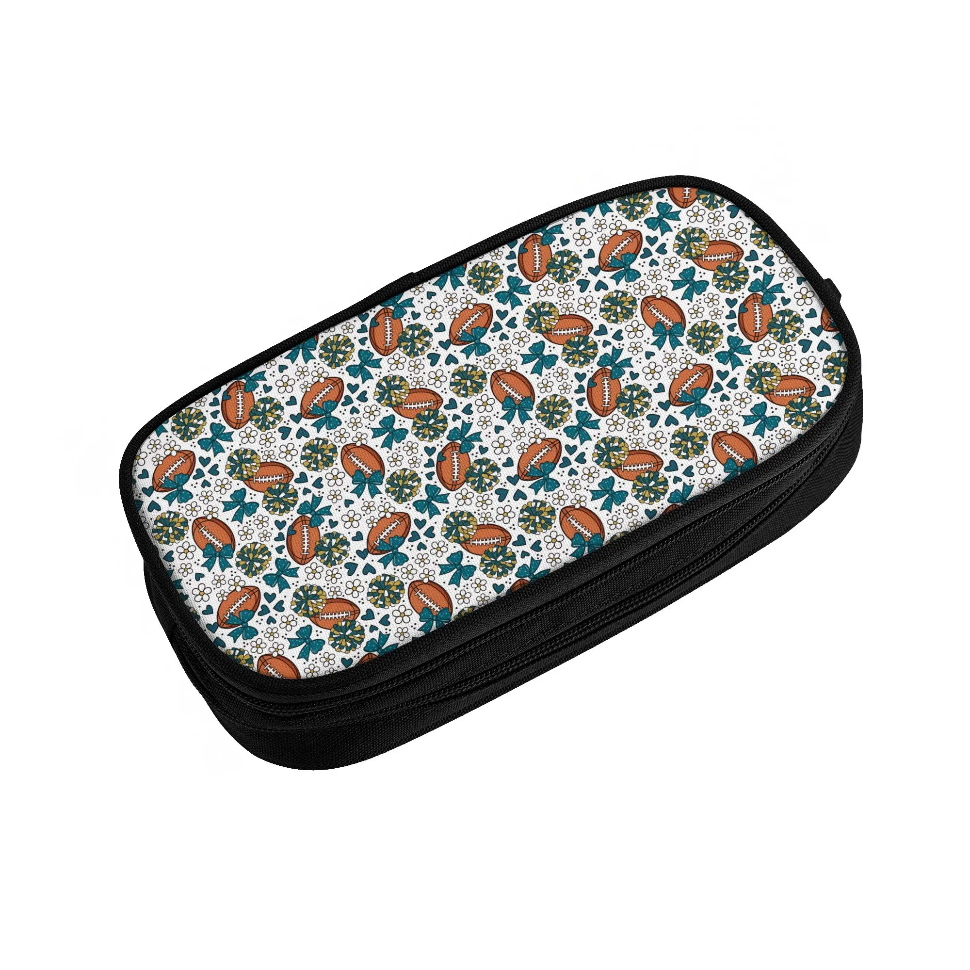 Football Teal Gold Cheer Bows  Pencil Cases for Girls Boys Big Capacity Rugby Union Cheer Bows  Pen Bag Box School Supplies