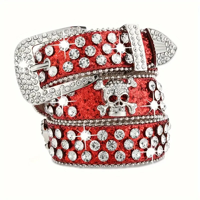 Bling Rhinestone Western Y2k Style Belts Cowboy Cowgirl Studded Belt Goth Emo Skull Sequin PU Belt for Women Men Jeans Pants