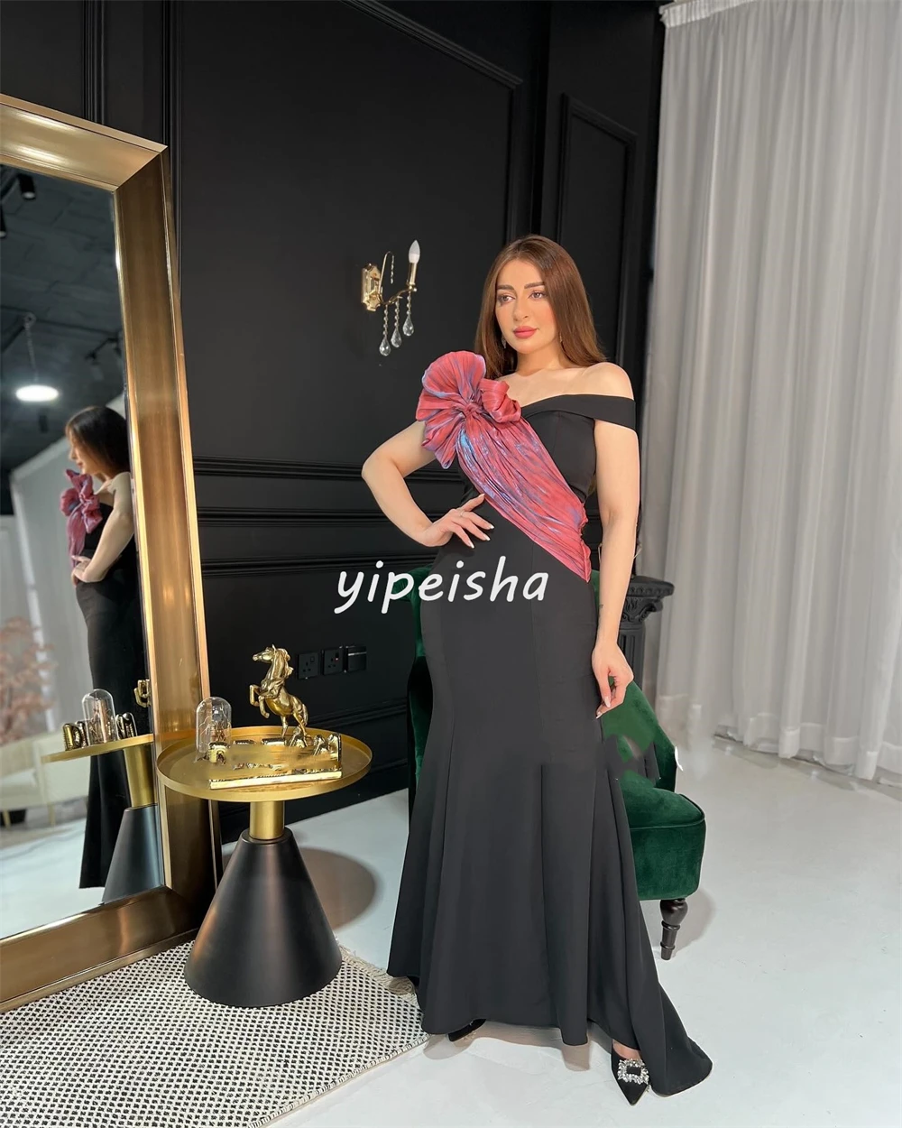 Gaun pesta, disesuaikan Jersey Pleat Formal malam putri duyung Off-the-shoulder Bespoke gaun acara gaun panjang