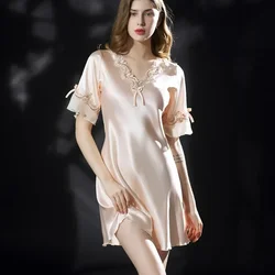 Ice Silk Mid-Sleeved Pajamas for Ladies  Loose Night Skirt  Sexy Homewear Thin Silk Plus Size Summer New