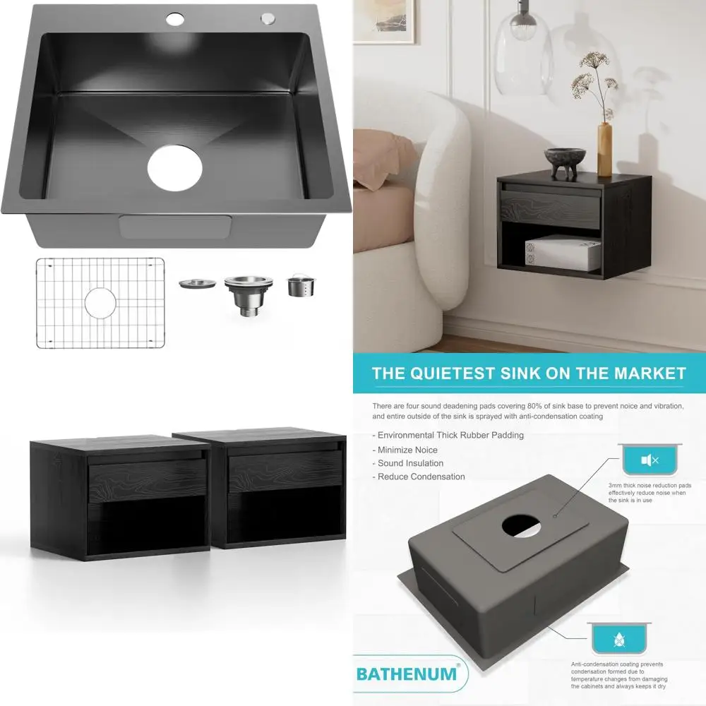 

Stainless Steel 22x18 Single Bowl Kitchen Sink with Drain Kit and Bottom Grid, Black, Drop-in Design, Bar Sink for Topmount Inst