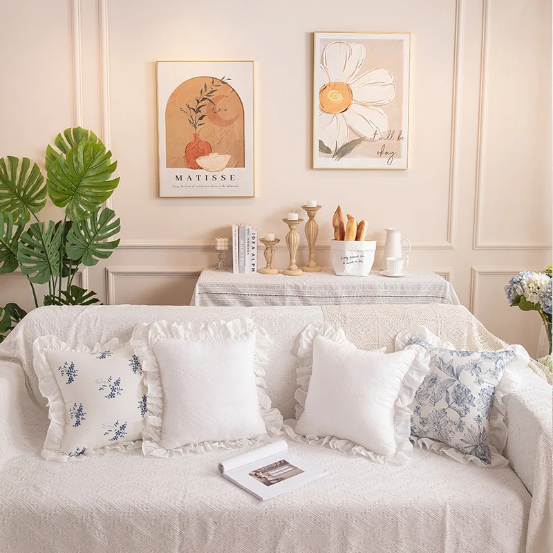 romantic lotus leaf edge embroidered pillow cover pure cotton cushion cover pillowcase frill