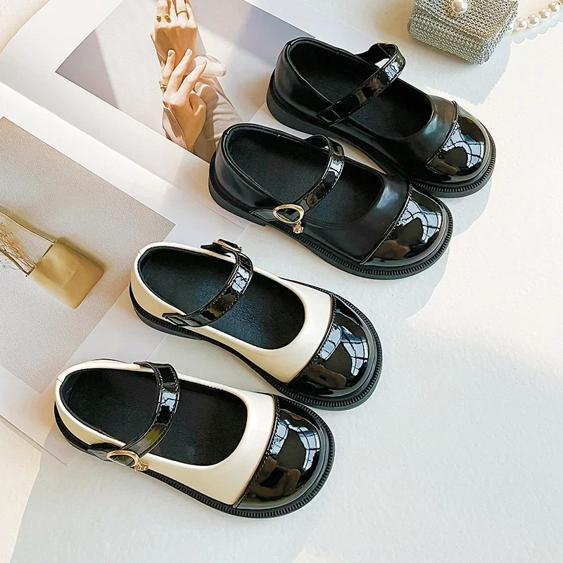 Children Leather Shoes Fashion Patent Leather Girl\'s Flat Shoes Black White Vintage School 23-36 Toddler Kids Princess Shoes