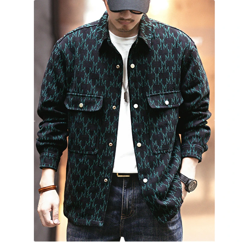 American retro heavy letter jacquard cargo coat men's spring and autumn fashion brand loose casual jacket