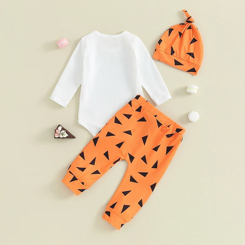 Trajes de Halloween para bebés y niños, peleles de manga larga con estampado de letras, pantalones largos con estampado geométrico, sombrero, conjunto de ropa de Otoño de 3 piezas