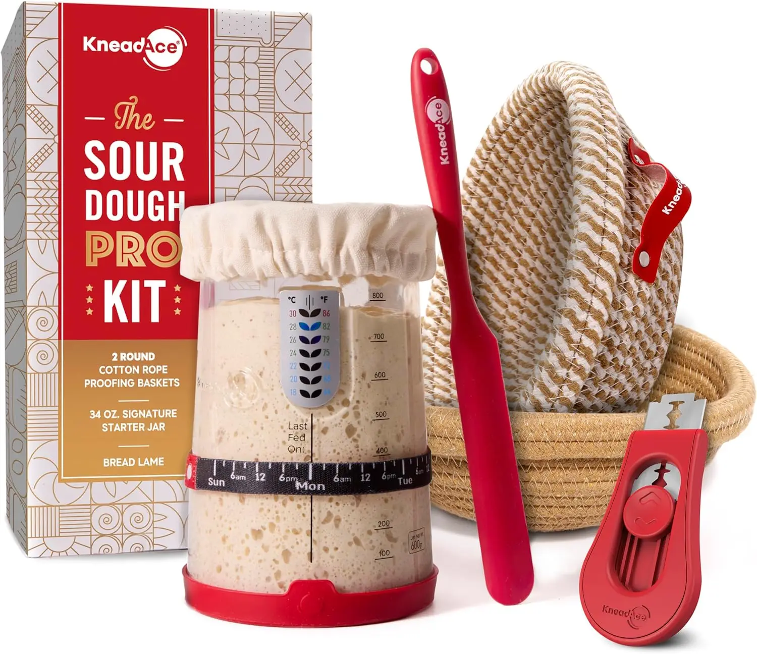 

Complete Sourdough Baking Kit with 34oz Jar, 2 Proofing Baskets & Bread Lame - Perfect Gift for Bakers