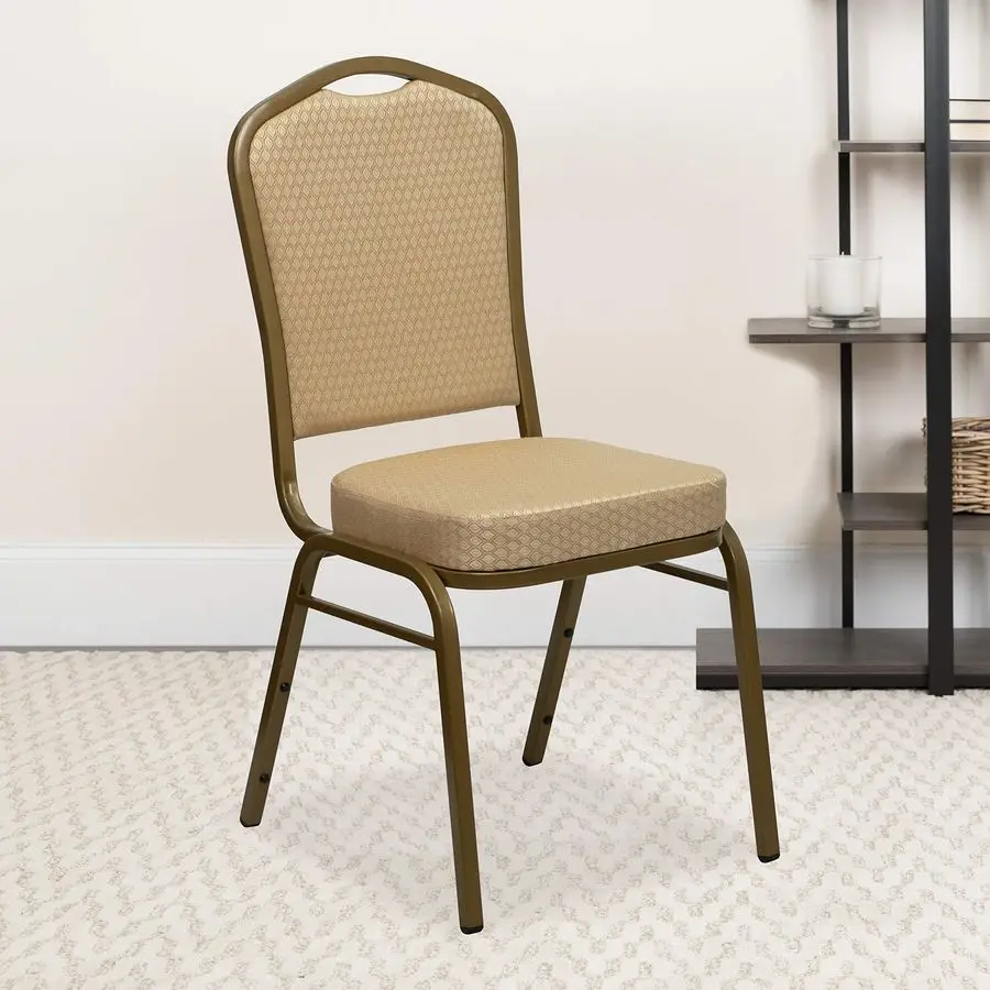 Crown Back Banquet Chair, Beige Patterned Fabric Gold Frame
