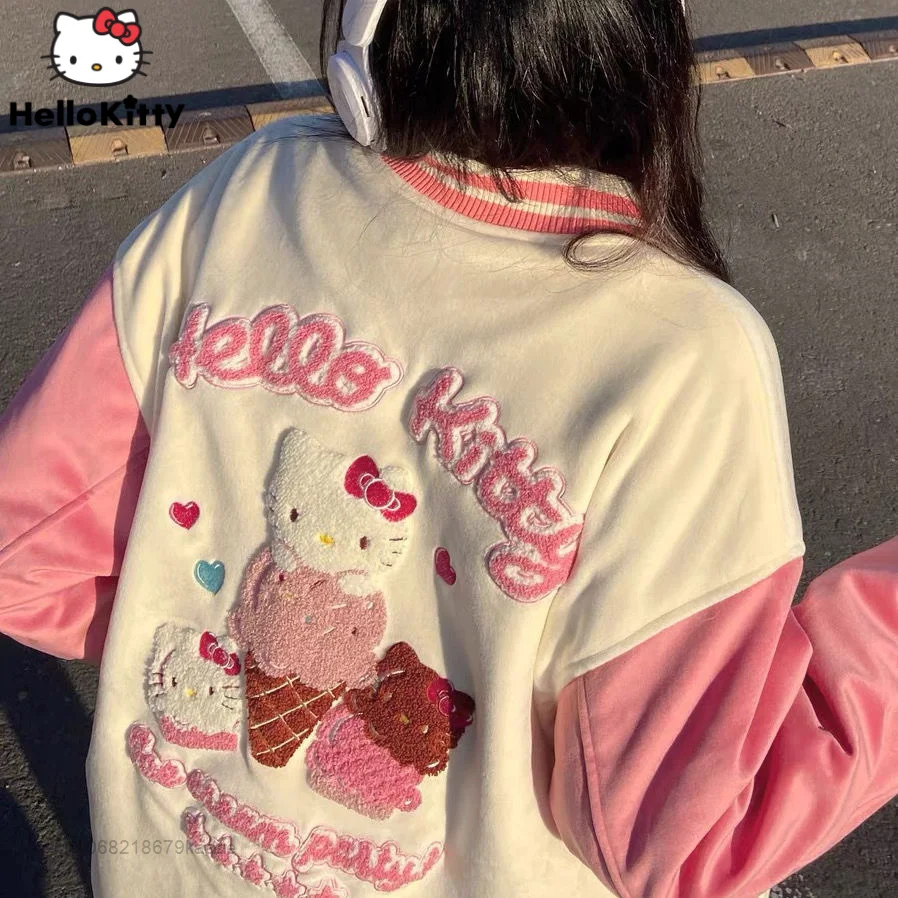 

Sanrio Hello Kitty Loose Coat Y2K Teenager Girl Embroidery Pink Jacket Baseball Jacket Fashion Coat Korean Women Sweatshirt