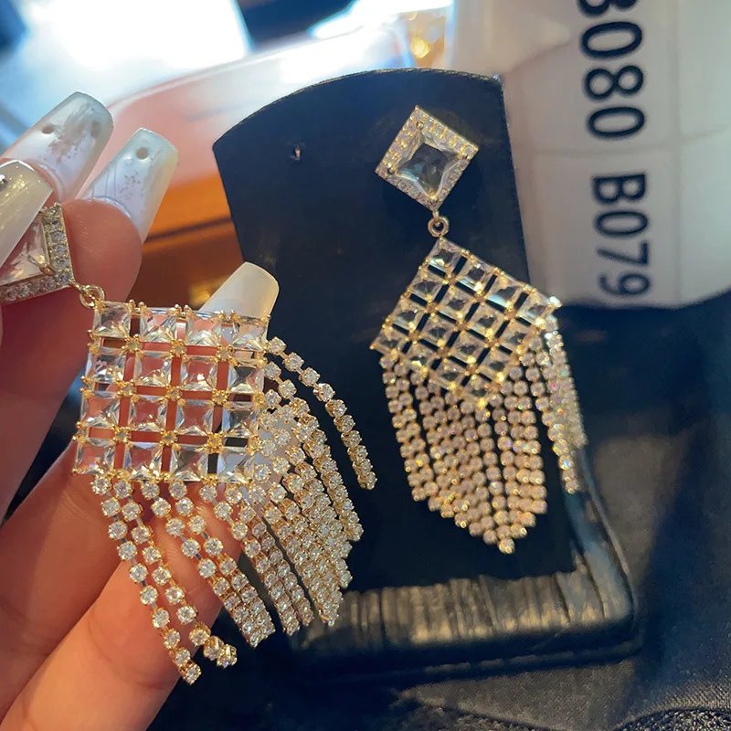 Bilincolor Square Zircon Tassel Earrings