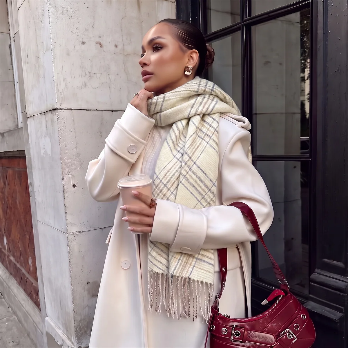 British Retro Houndstooth Plaid Scarf for Women Soft Faux Cashmere Warm Tassel Shawl Autumn Winter Daily Street Scarves Outfits