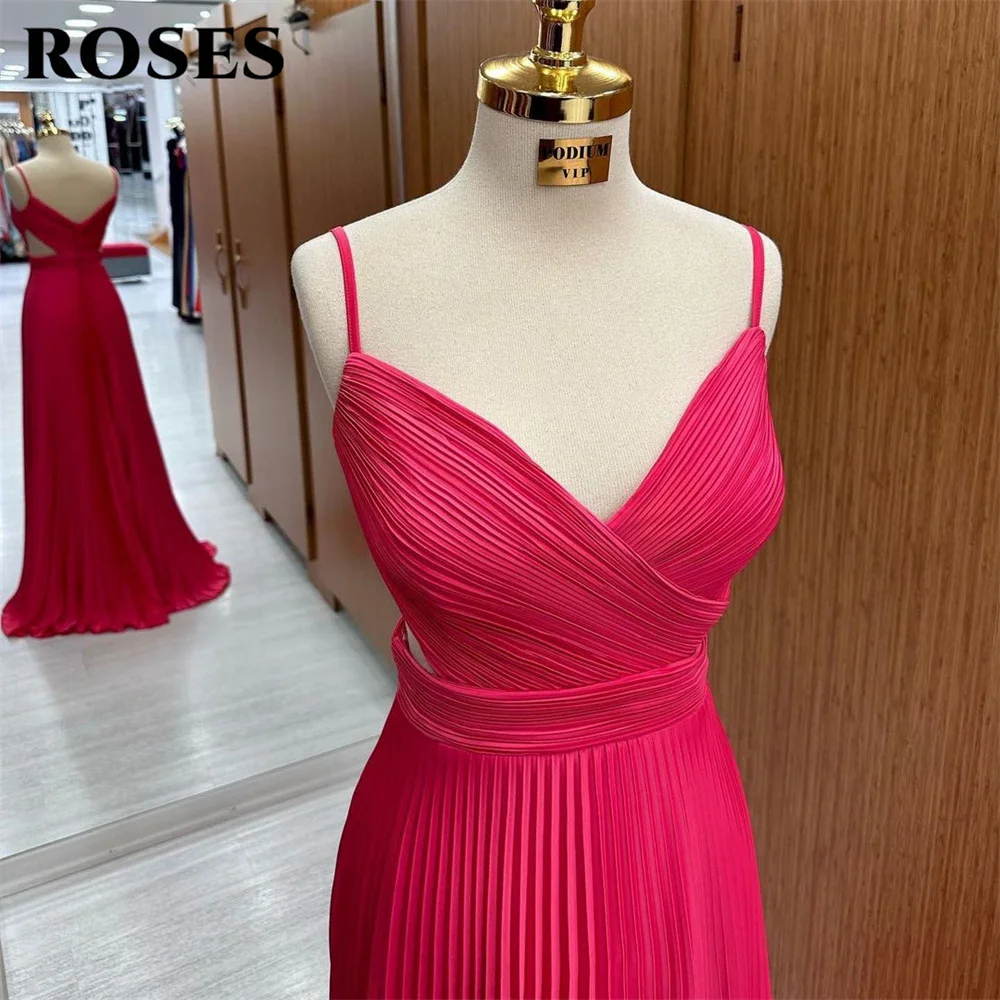 ROSES Watermelon Red Prom Dress Crinkled Sweetheart Evening Dress Spaghetti Straps Beach Party Dress Witth Pleats Chiffon 프롬드레스