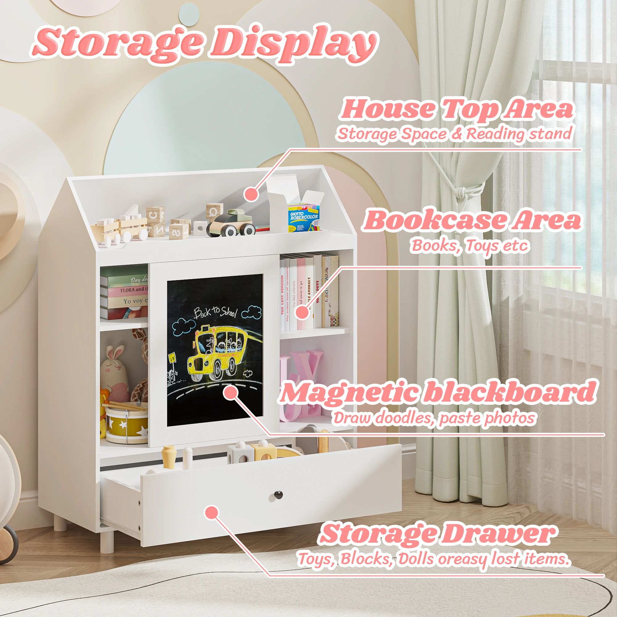 Rak Buku Anak Penyimpanan Mainan dengan Desain Rumah Papan Tulis Penyimpanan Mainan Anak dengan Pintu Geser Lemari Penyimpanan Mainan