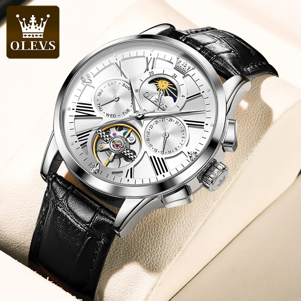 OLEVS 9912 Original Brand Automatic Watch for Men Hollow Out Noctiucent Skeleton Top Luxury Fashion Moon Phase Men's Wristwatch