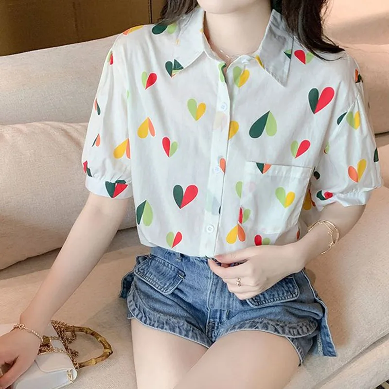 Korean Fashion Printed Turn-down Collar Shirt For Female Summer All-match Short Sleeve Casual Button Blouse Women\'s Clothing