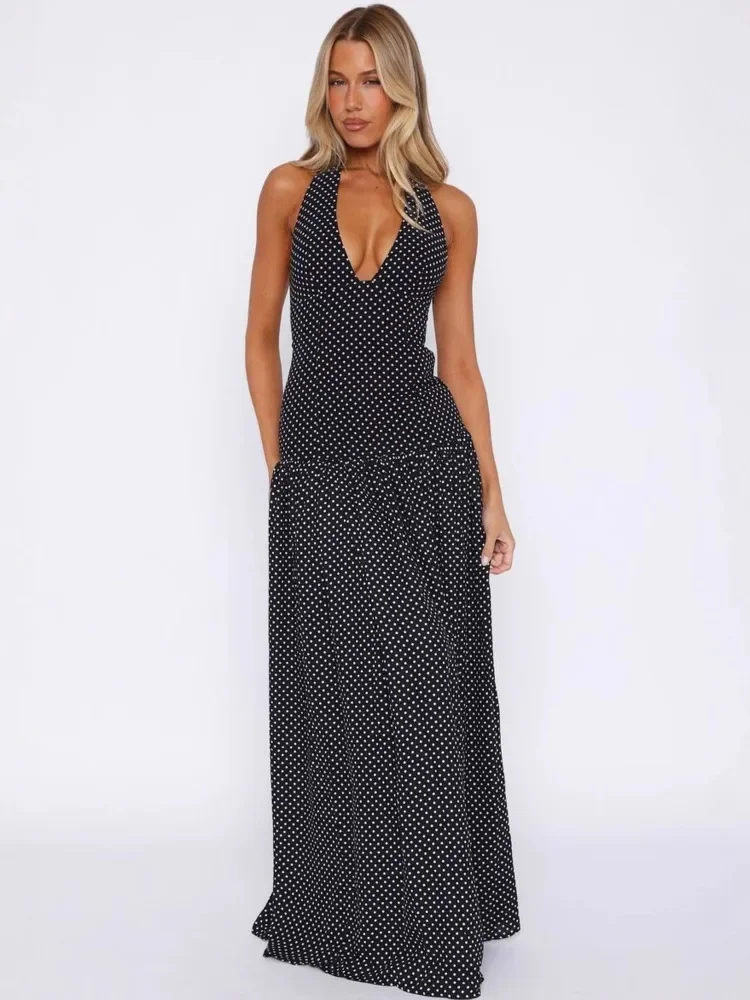 Polka Dot rückenfreies sexy Maxikleid für Damen, modisch, Neckholder, tiefer V-Ausschnitt, ärmellos, Oberschenkelhoch, geteilt, figurbetontes Clubkleid