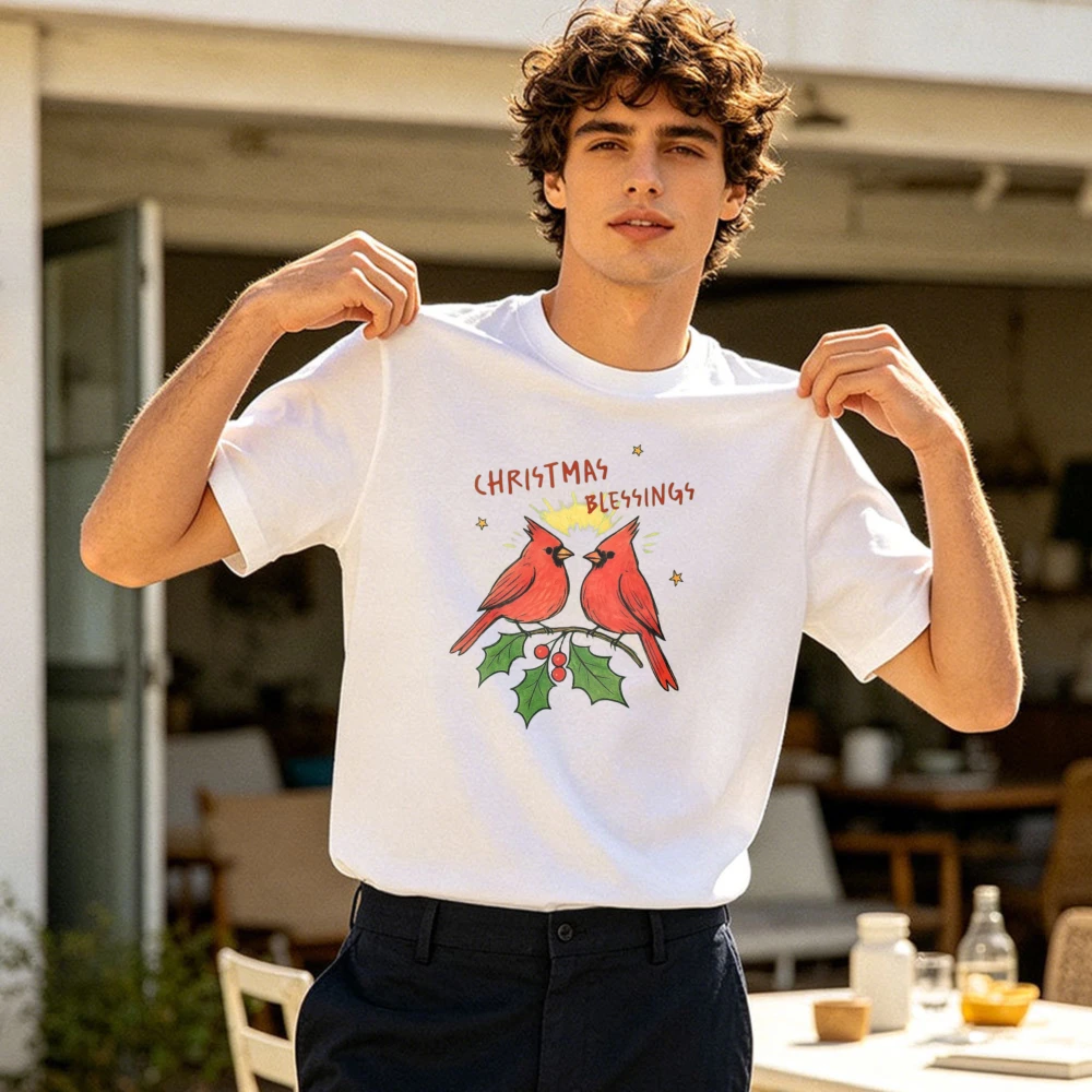 Christmas Blessings Red Cardinal Holly Christmas Blessings Letter Graphic Crew Neck Cotton T Shirt Men Blouse For Holiday Party
