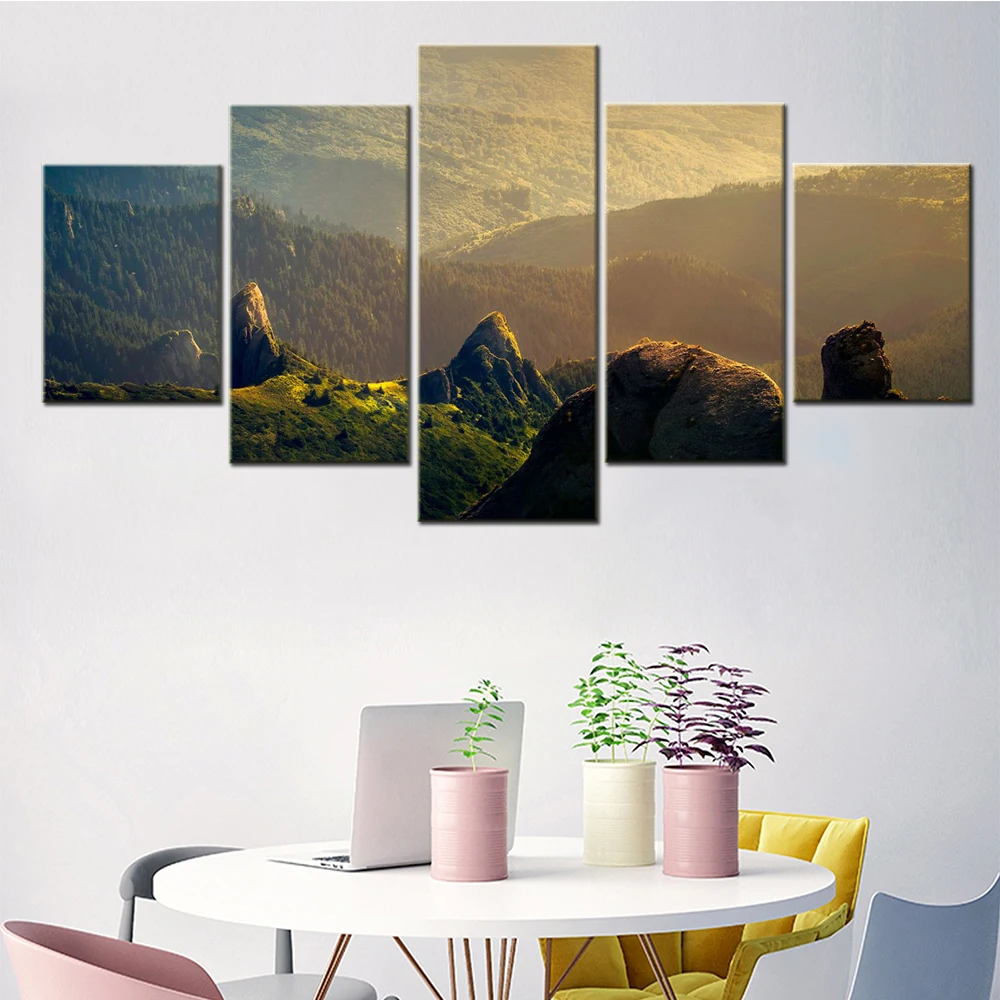 

Modern Canvas Wall Art for Living Room Poster Painting Nature Mountains Green Landscape Modular Picture Print 5 PCs Interior Art