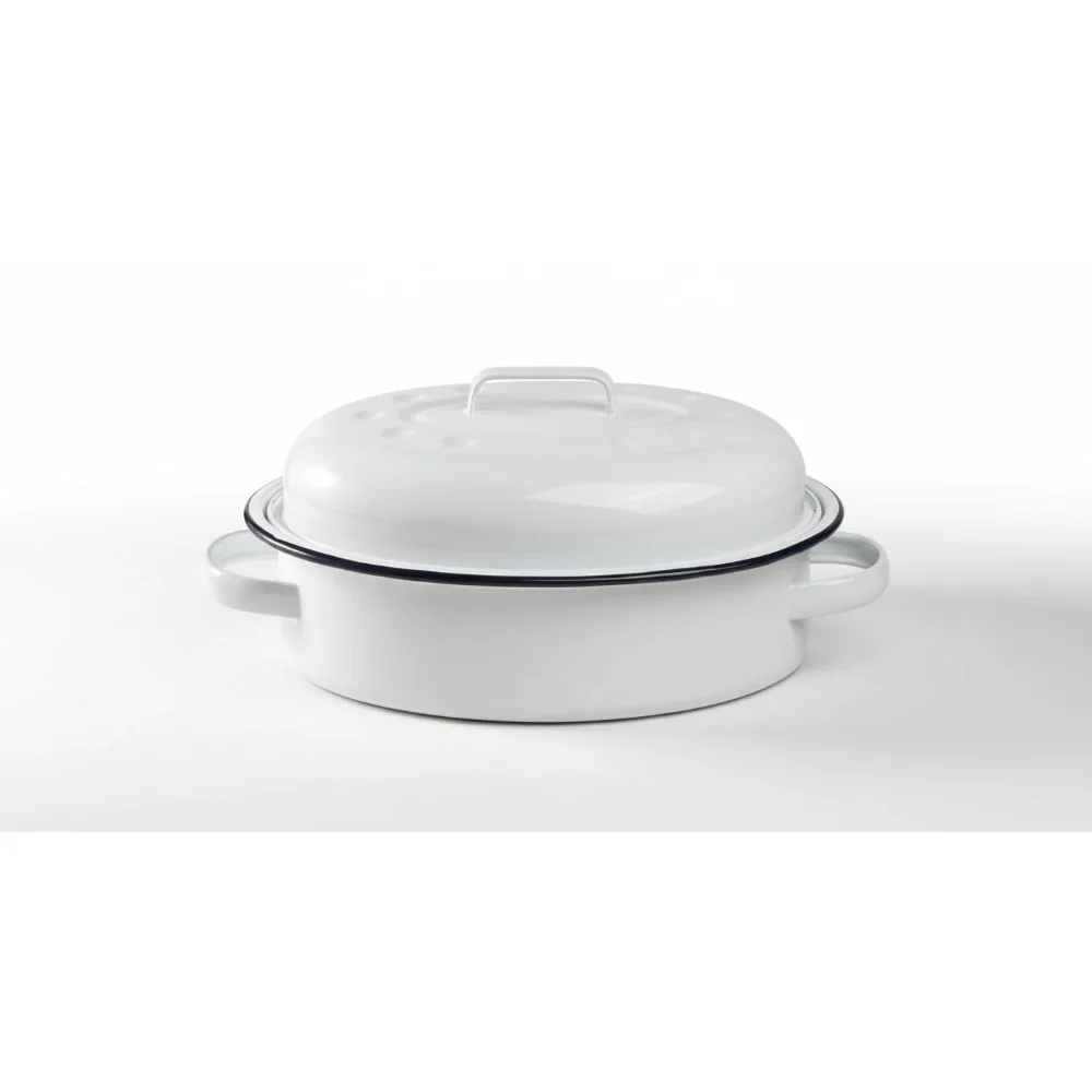 

Vintage White Enamel Roasting Pan with Lid - 15.5 Inch Oval Pot, Non-Stick, Even Heating for Perfect Meals