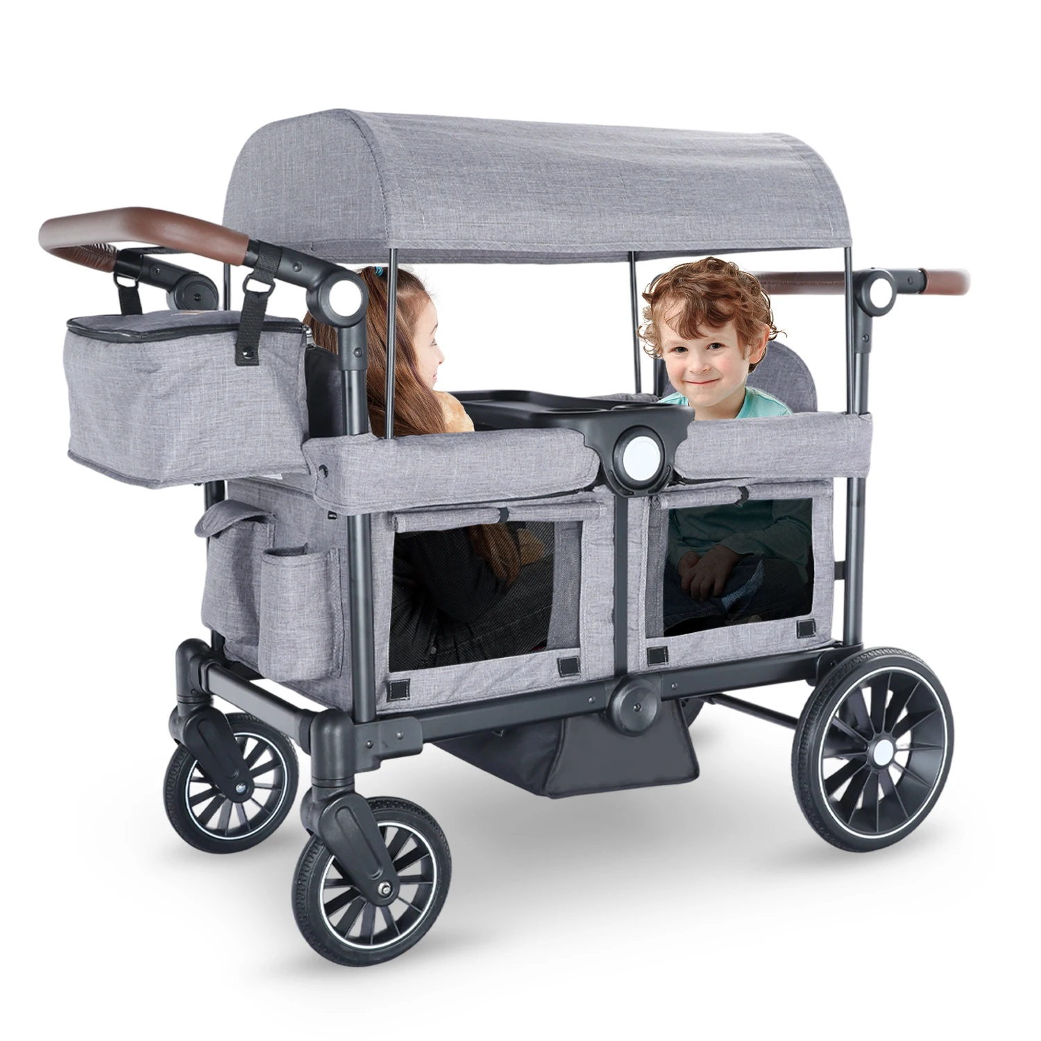 

Kinder King Folding Wagon Stroller for 2 Kids, All-Terrain 2 Seater Stroller Wagon Outdoor, Removable Canopy, Adjustable Handle, Shock-Absorbing Wheel, Grey
