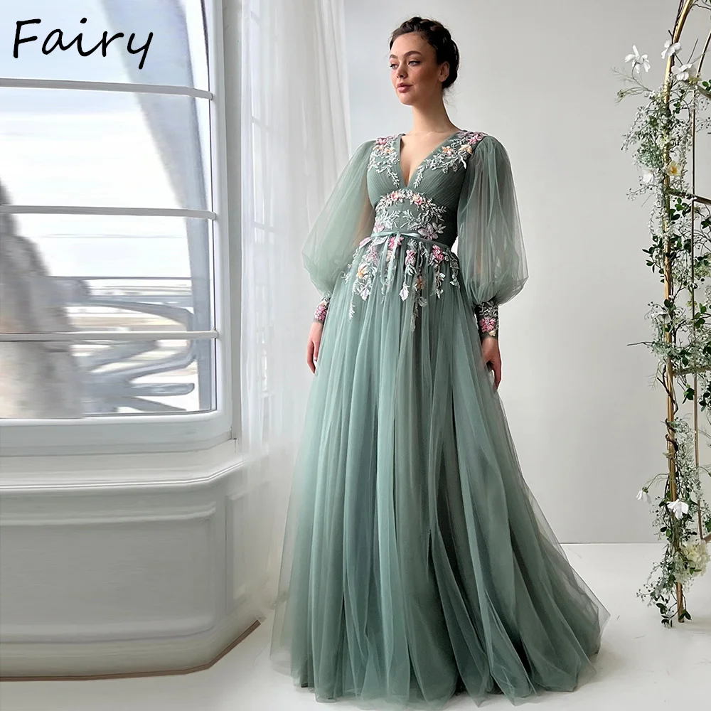 Customized Sage Green Tulle Prom Dresses Beading 3D Flowers Lace Appliques A-Line Evening Gowns Puff Sleeves Formal Party Dress