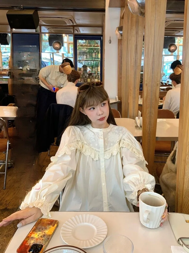 

Cheerioaban Ele Lace Trim Embroidered irt Heavy Work Bouffant Sve Cotton Long Sve Women's Casual irt