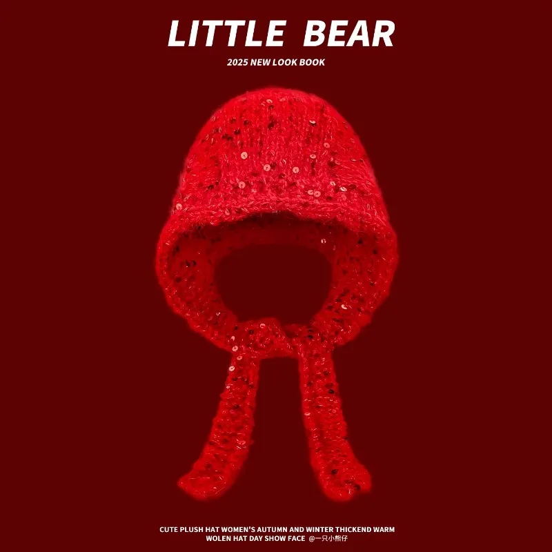 

Красные вязаные защитные шапки для ушей с блестками для женщин, зимние новогодние модные универсальные теплые шапки-бомберы с индивидуальным ремешком