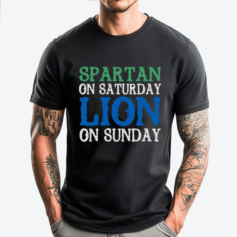 

Spartan On Saturday Lion On Sunday Detroit Clothing Men Short Sleeve Tee National Flag Day Graphic Tshirts