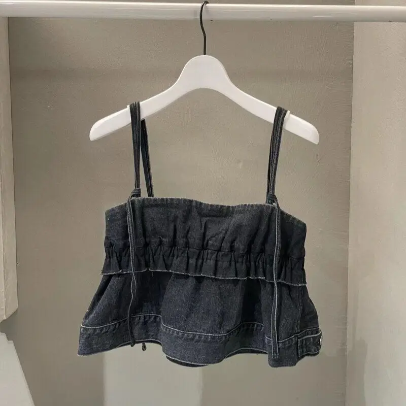 

SAC 26ss casual denim design pleated short sling vest